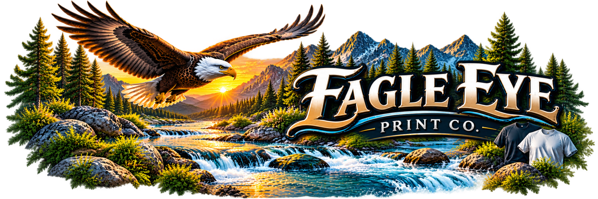 Eagle Eye Print Co. eagle flying above a mountain river